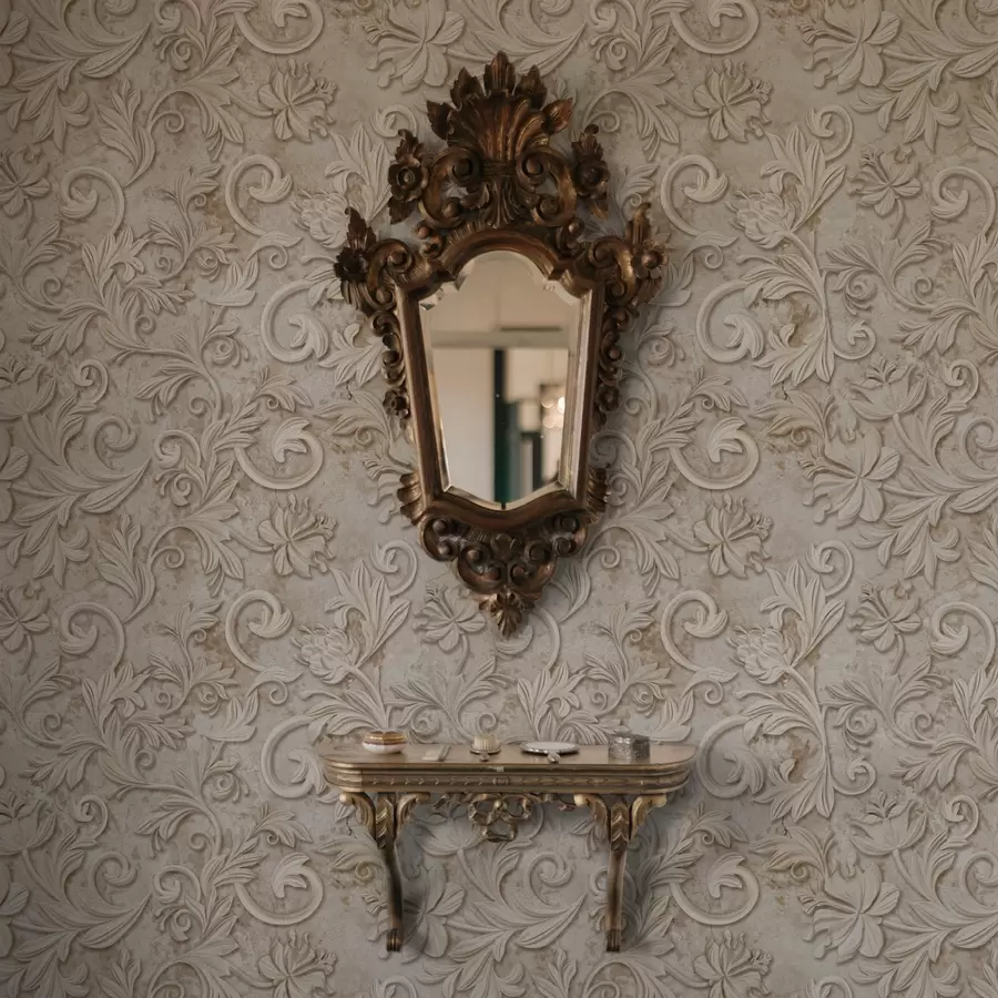 Fototapet Stenrelief med blommiga snirklar, vintagebeige a00784