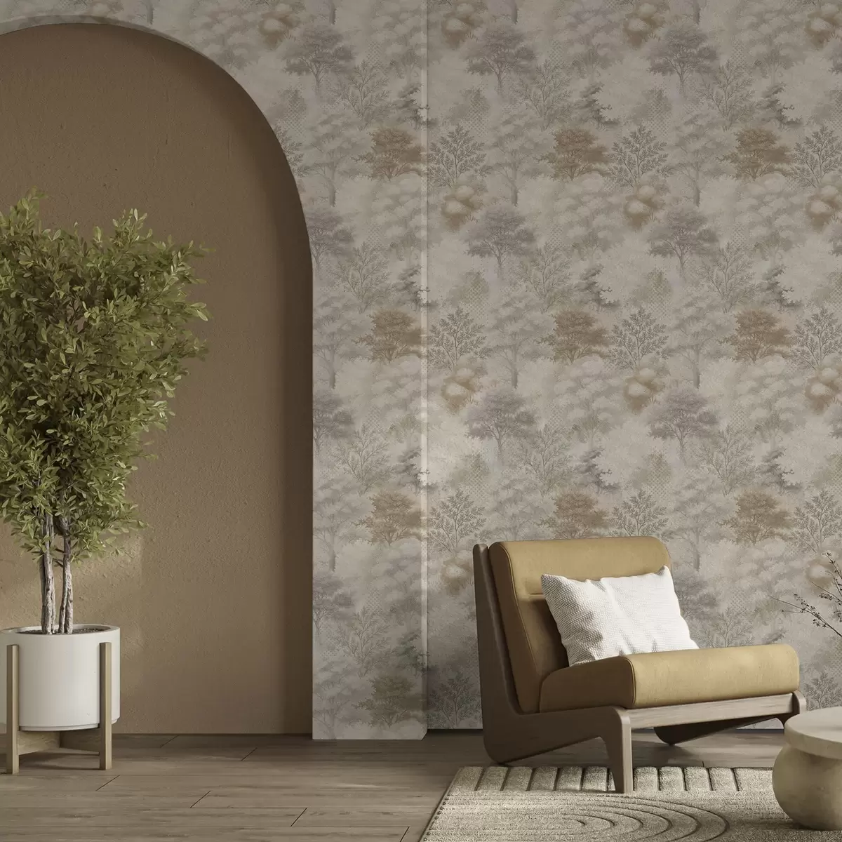 Bakgrund Mild skog i dimma, mjuka beige-grå toner a00785