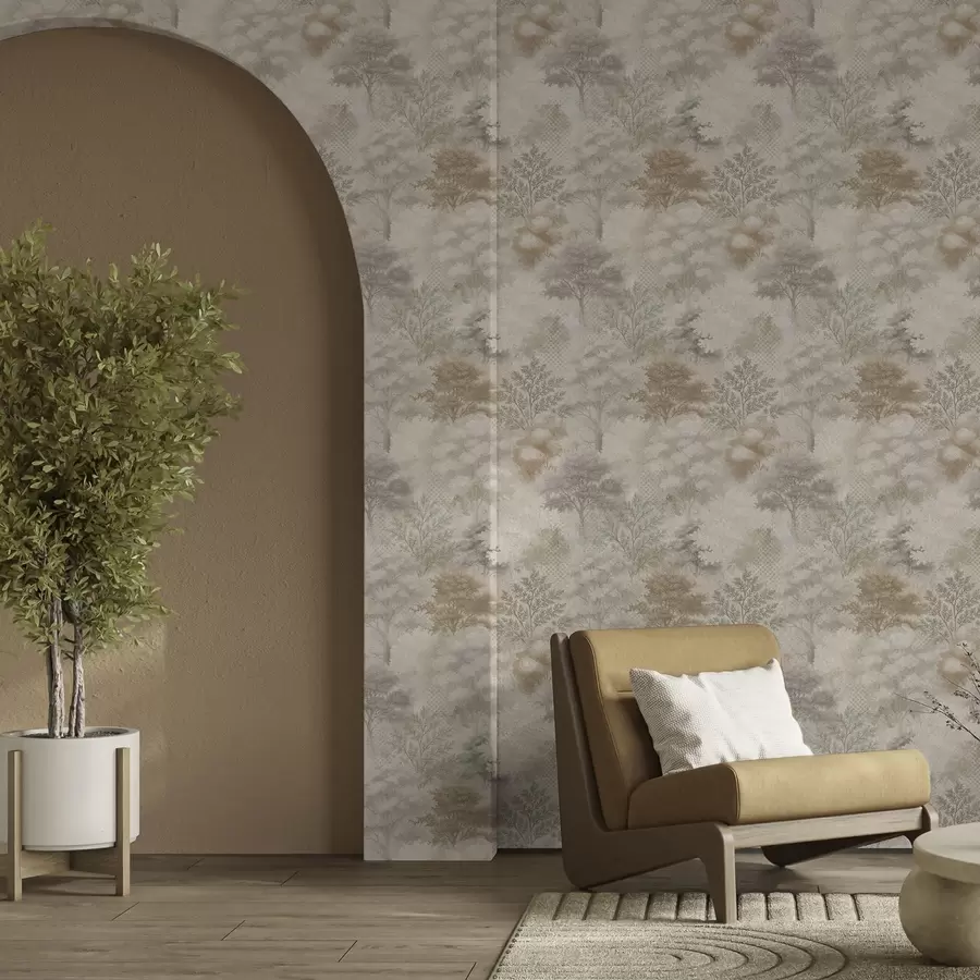 Fototapet Mild skog i dimma, mjuka beige-grå toner a00785