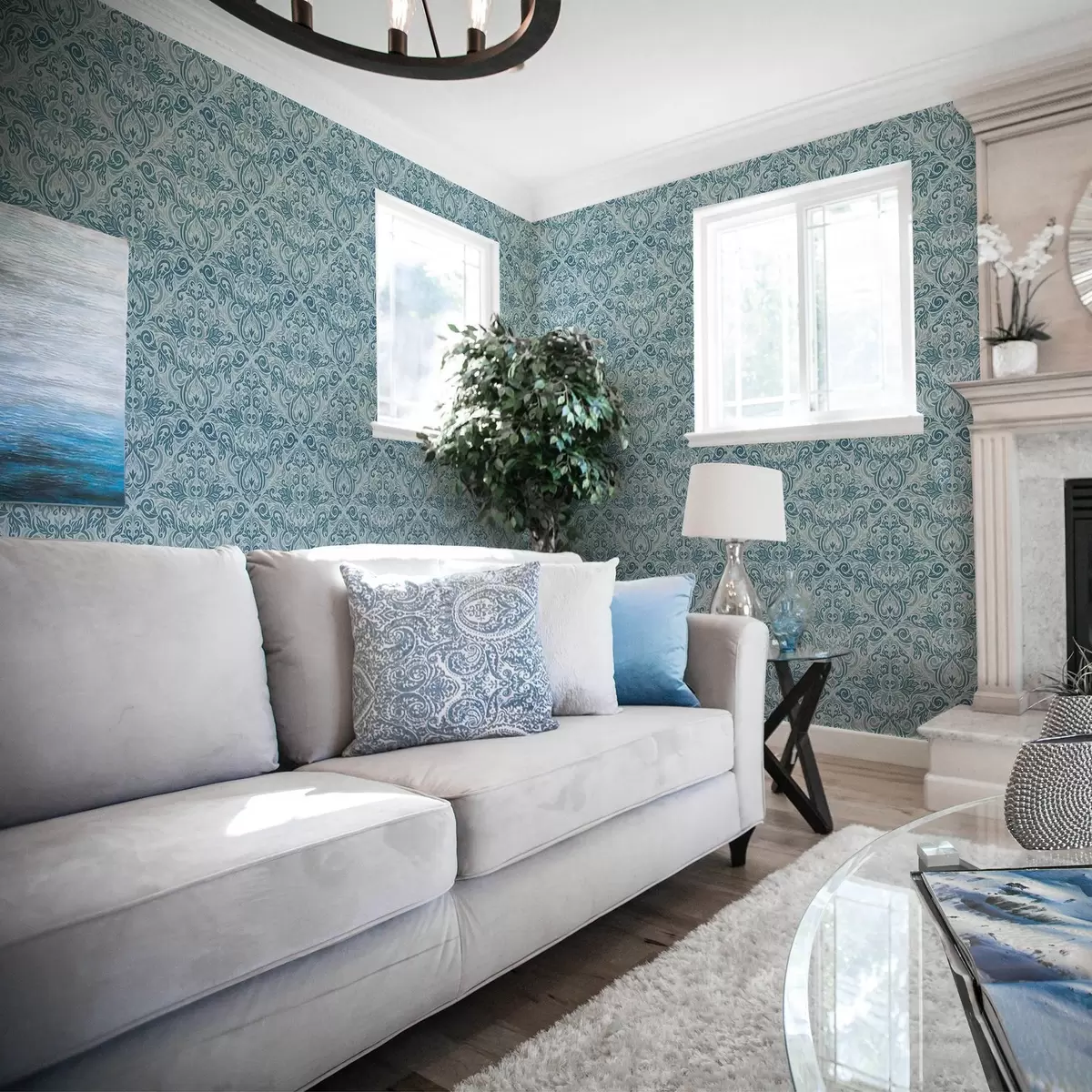 Bakgrund Klassisk damast, djupblå på ljusblå a00826