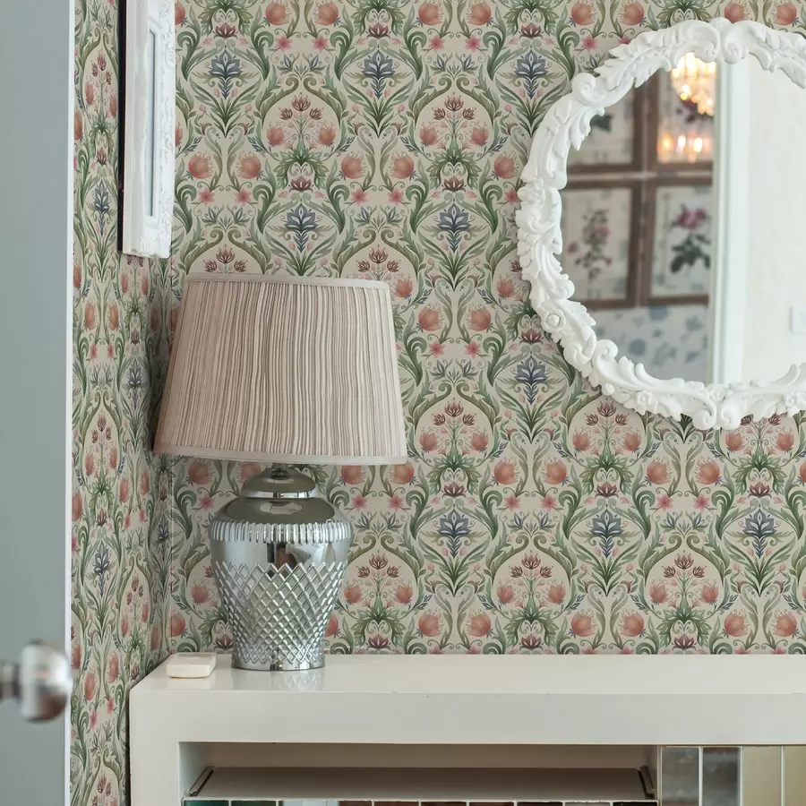 Fototapet Symmetriskt blommönster, terrakotta och grönt a00827