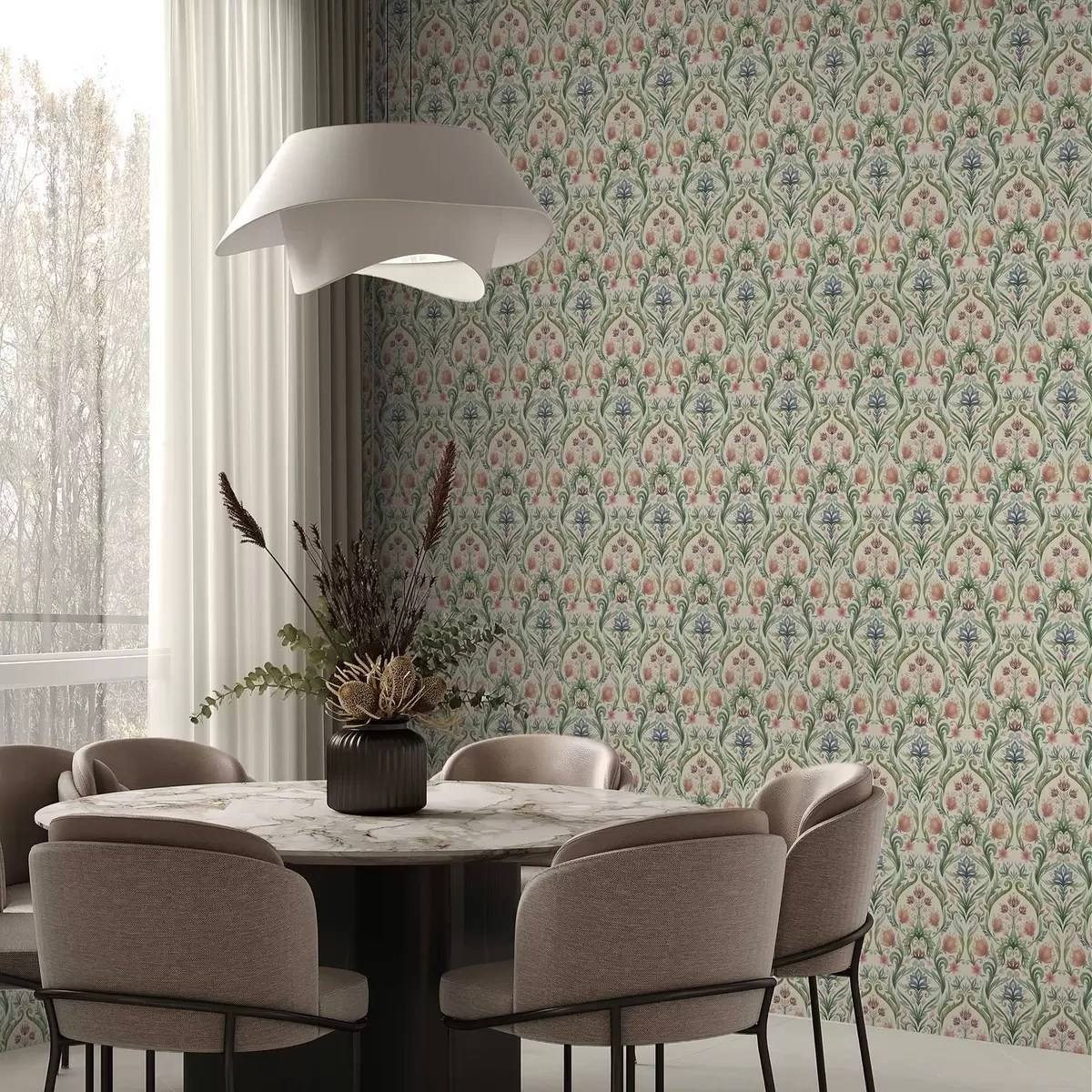 Bakgrund Symmetriskt blommönster, terrakotta och grönt a00827