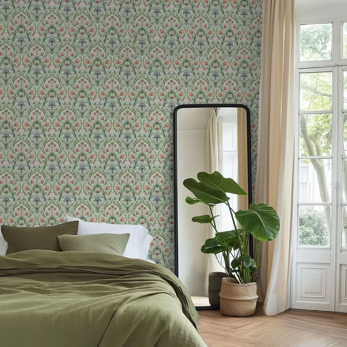 Bakgrund Symmetrisk blommig dekoration, mintgrön-krämfärgad palett a00827v1