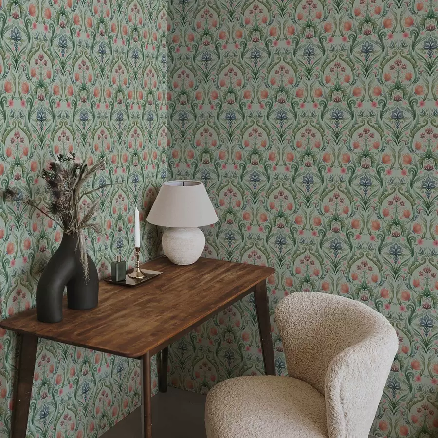 Fototapet Symmetrisk blommig dekoration, mintgrön-krämfärgad palett a00827v1