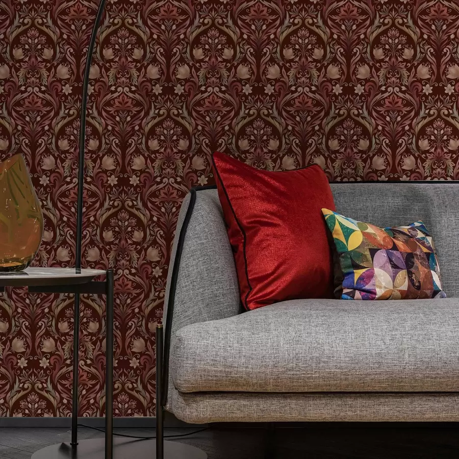 Fototapet Tulpanornament, rik burgundy bakgrund a00827v2