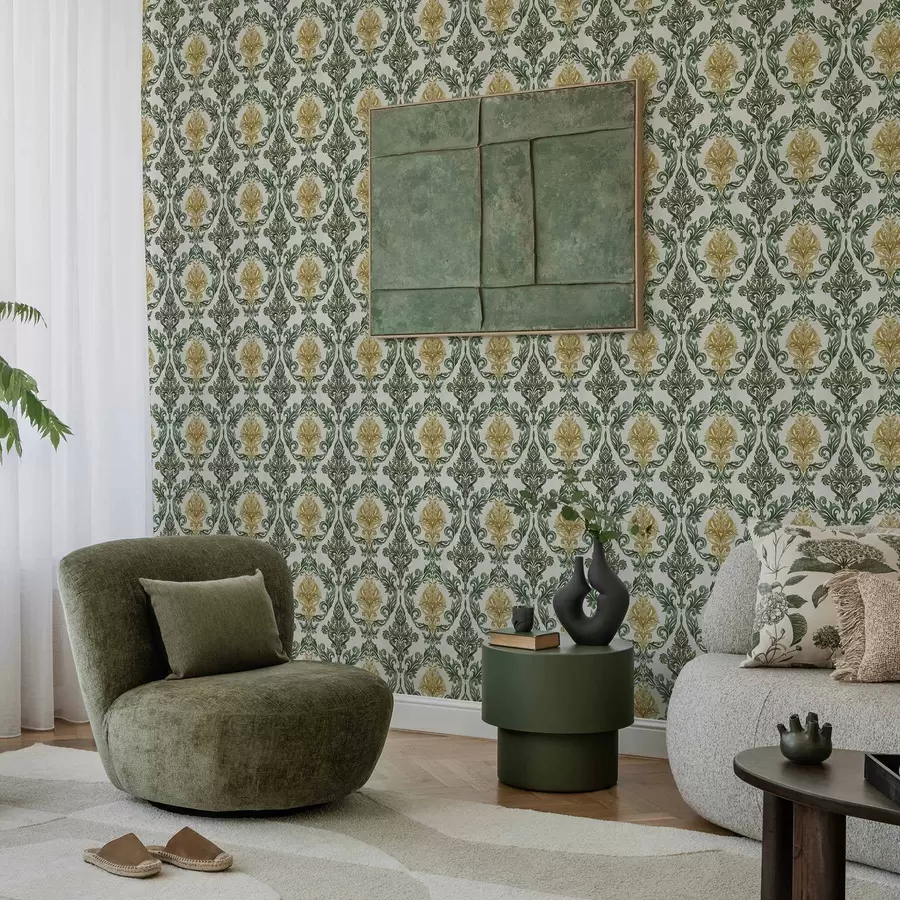 Fototapet Damast med gröna snirklar på ljus bakgrund a00828v1