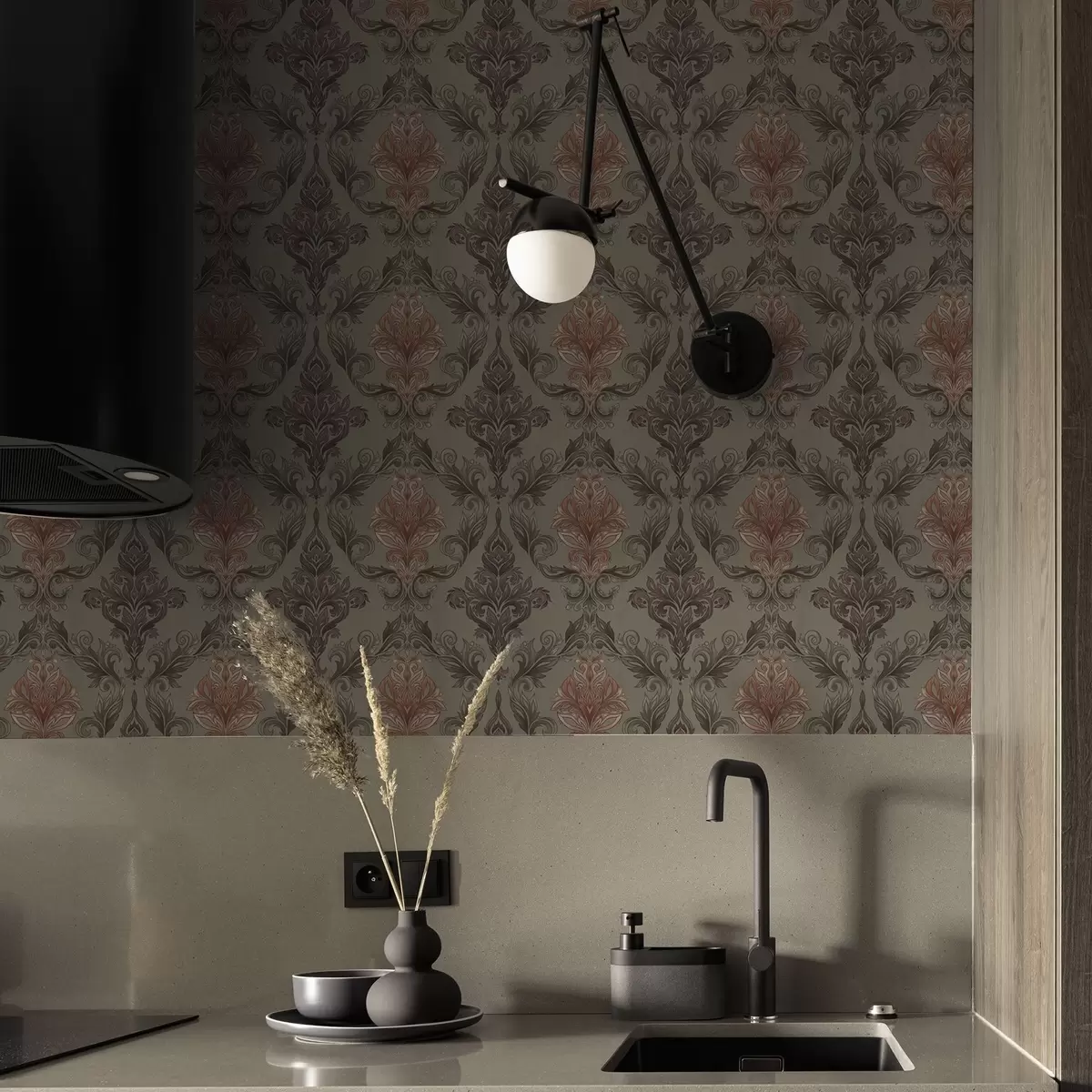 Bakgrund Terrakottafärgad damast på dämpad olivgrön bakgrund a00828v3