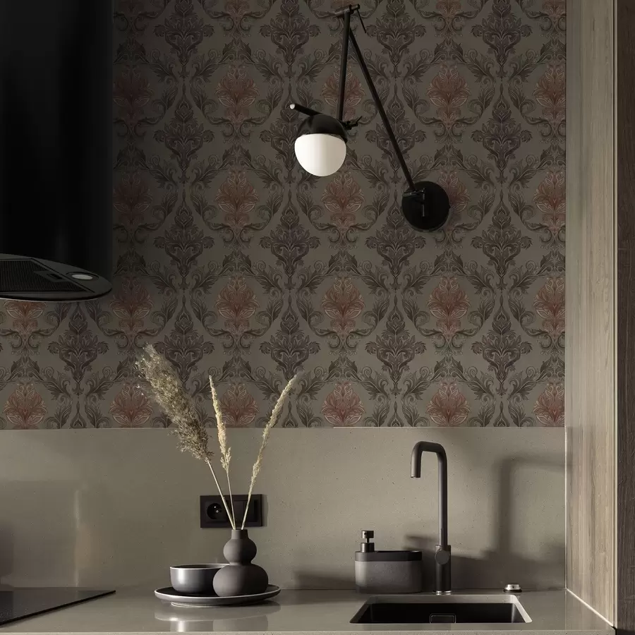 Fototapet Terrakottafärgad damast på dämpad olivgrön bakgrund a00828v3