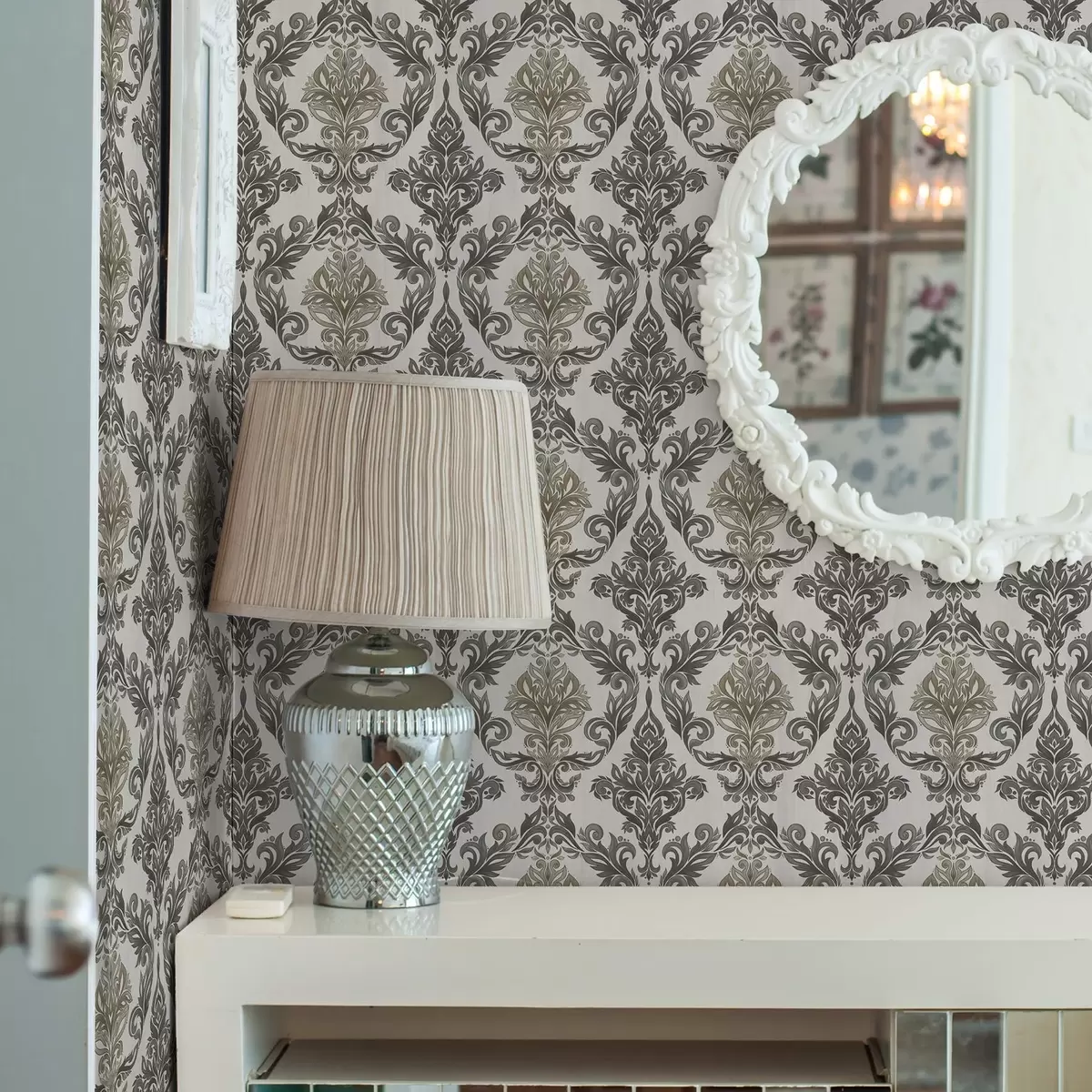 Bakgrund Damast på ljus bakgrund, olivbronsfärgade accenter a00828v6