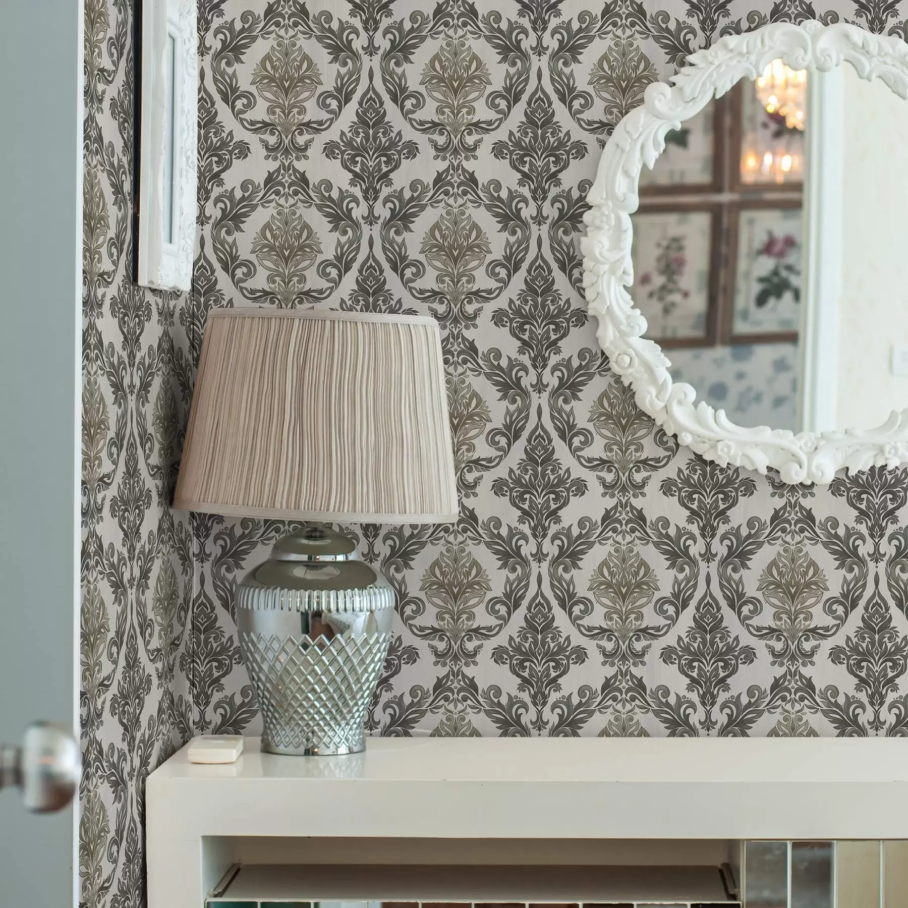 Fototapet Damast på ljus bakgrund, olivbronsfärgade accenter a00828v6