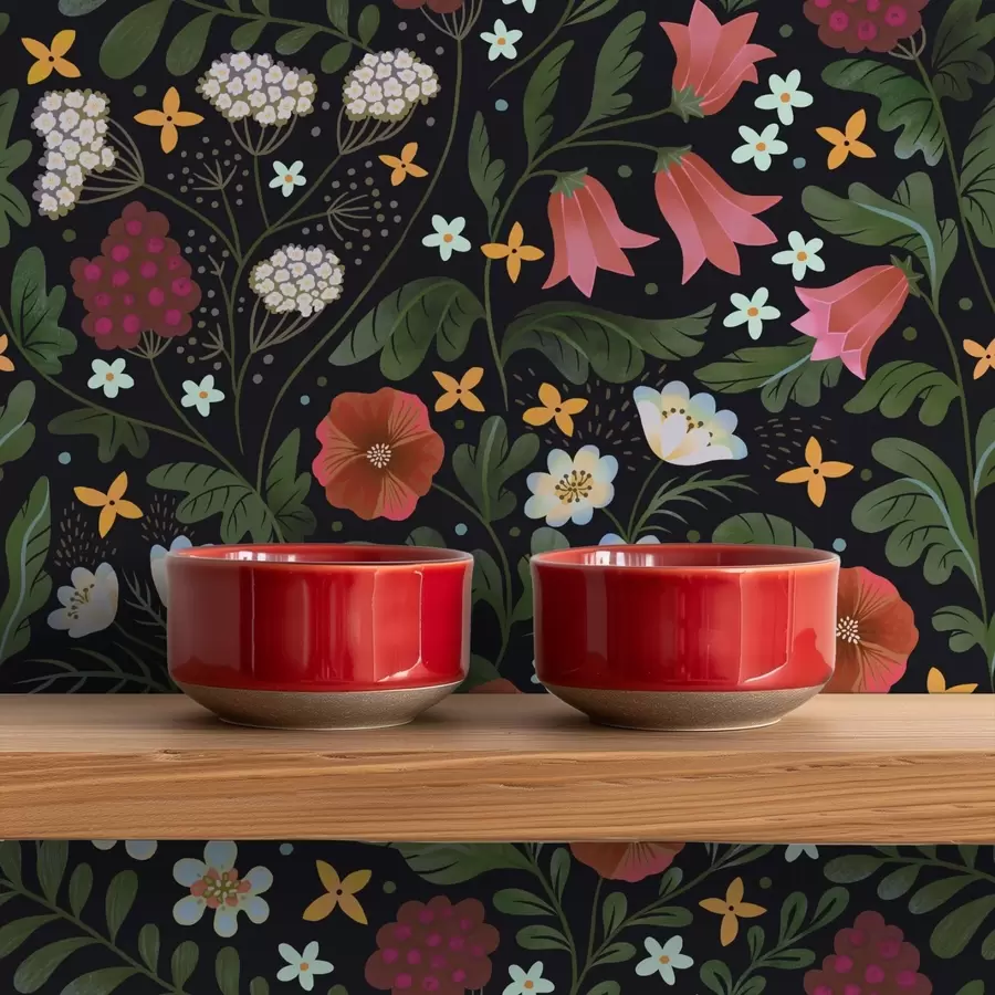 Fototapet Vildblommor och bär på djupsvart bakgrund a00849v3