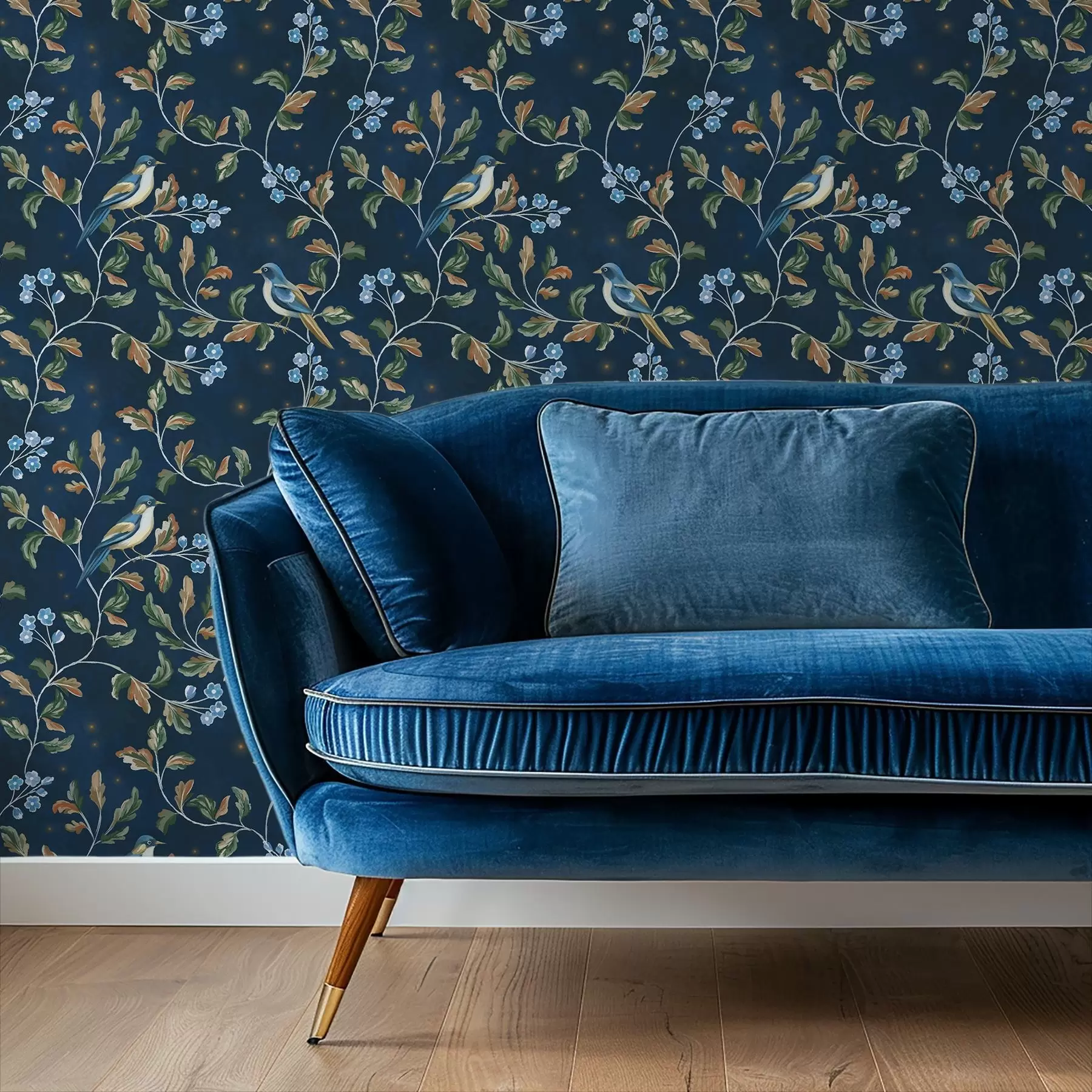 Fototapet Bröst på grenar, nattblå bakgrund med gnistor a00858