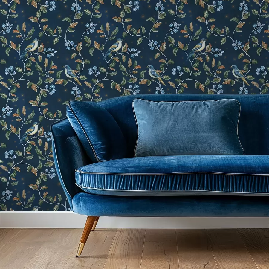 Fototapet Bröst på grenar, nattblå bakgrund med gnistor a00858