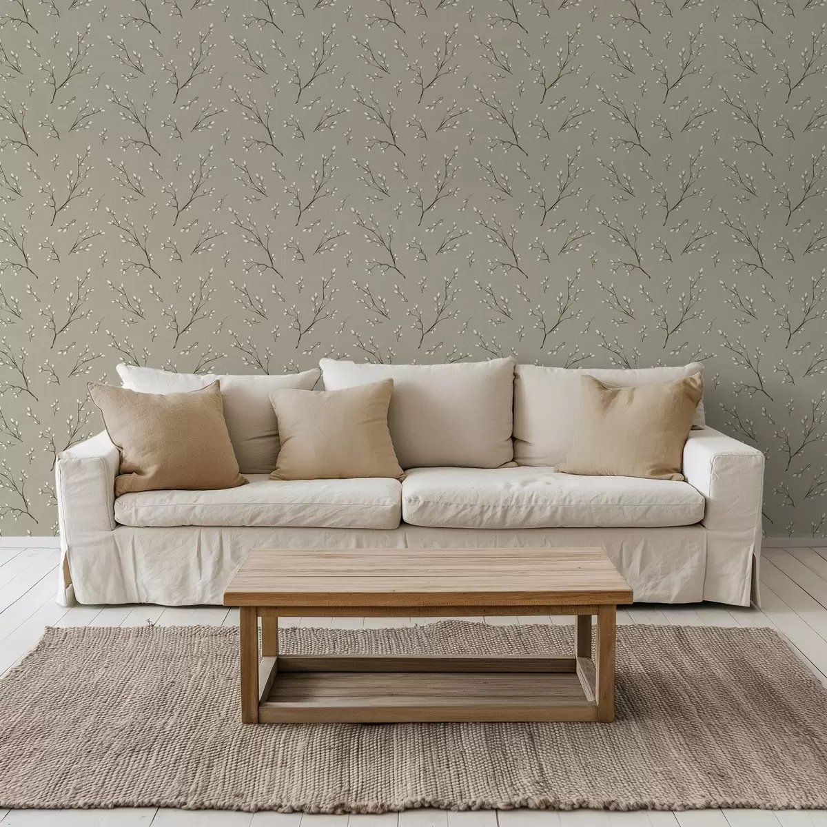 Bakgrund Kvistar med vita knoppar på linnebrun bakgrund a00861