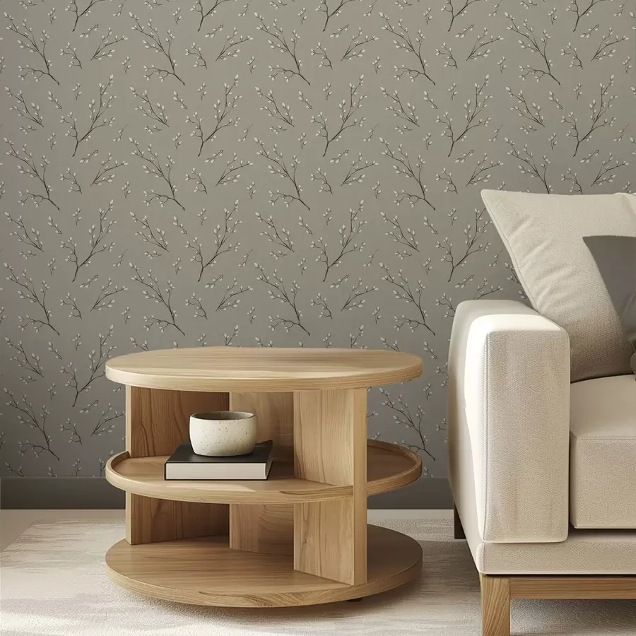 Fototapet Kvistar med vita knoppar på linnebrun bakgrund a00861