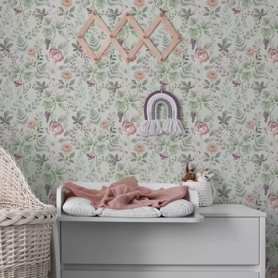 Fototapet Pastellfärgad trädgård med rosor, ormbunkar och vindruvor a00867