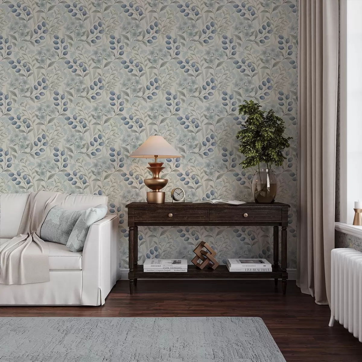 Bakgrund Blå bär och ljusa blommor på elfenben a00872