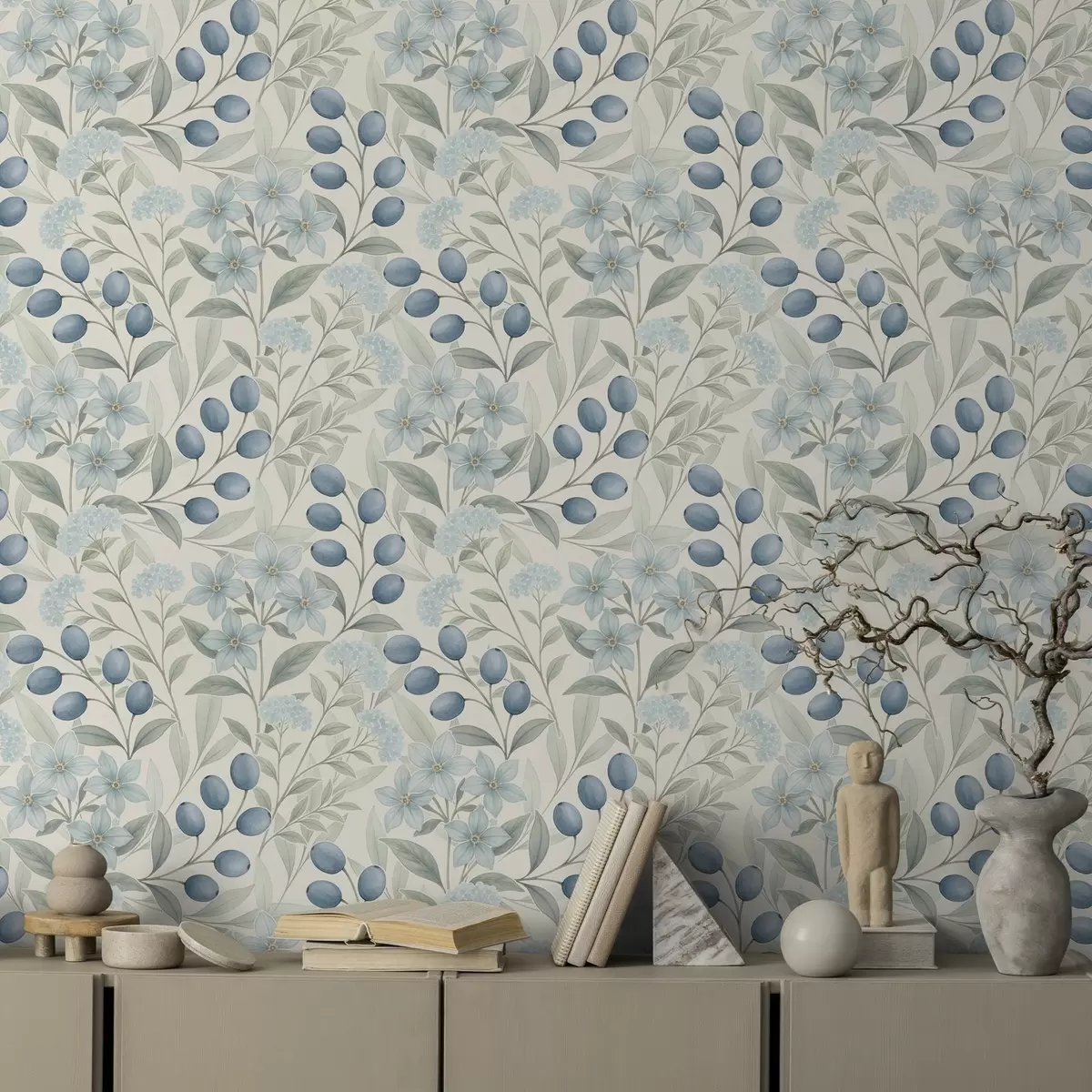 Bakgrund Blå bär och ljusa blommor på elfenben a00872