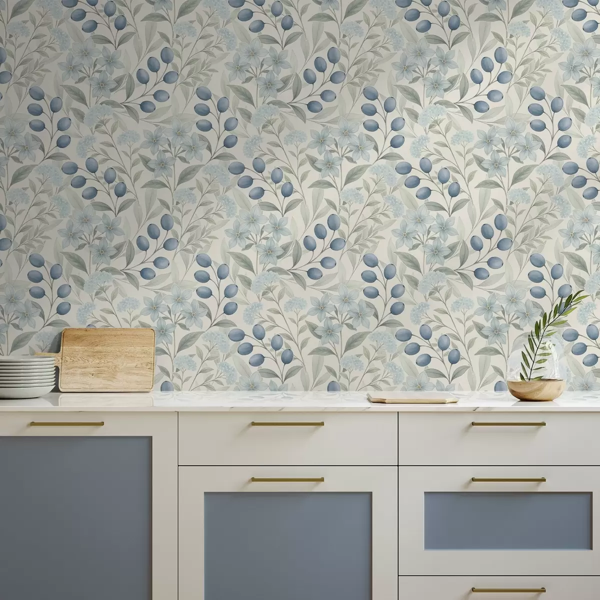 Bakgrund Blå bär och ljusa blommor på elfenben a00872