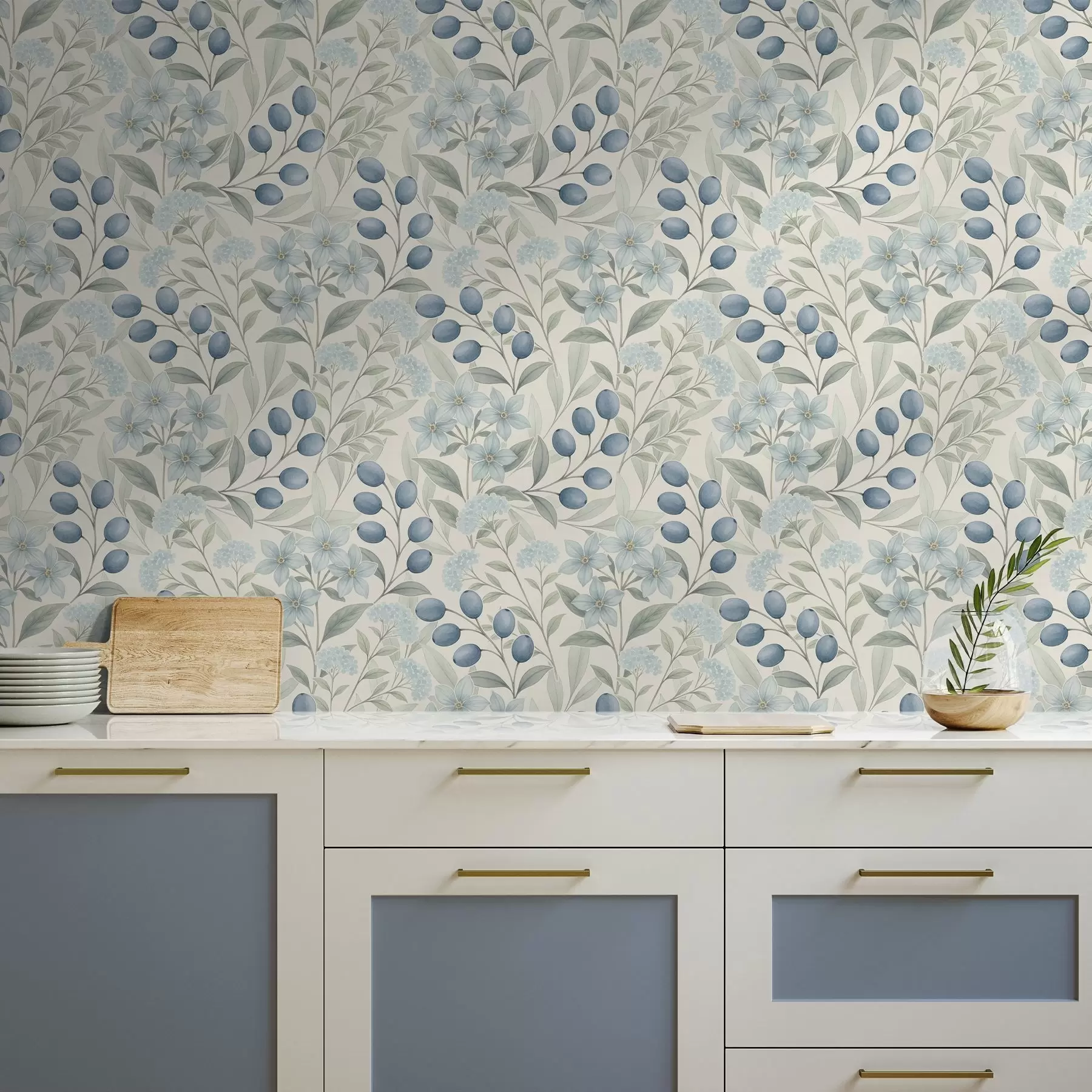 Fototapet Blå bär och ljusa blommor på elfenben a00872