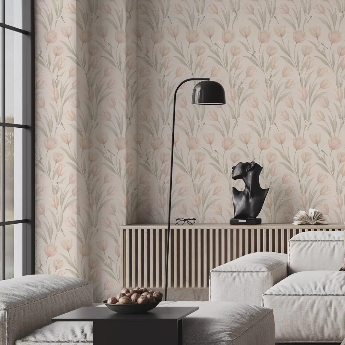 Bakgrund Pastellfärgade tulpaner med sländor på rosa bakgrund a00876