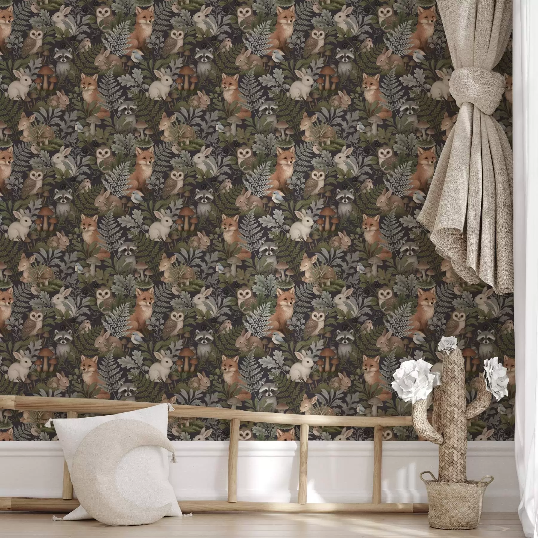 Fototapet Skogsdjur och ormbunkar på djup kol a00880