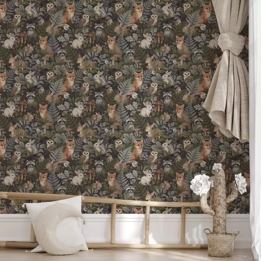 Fototapet Skogsdjur och ormbunkar på djup kol a00880