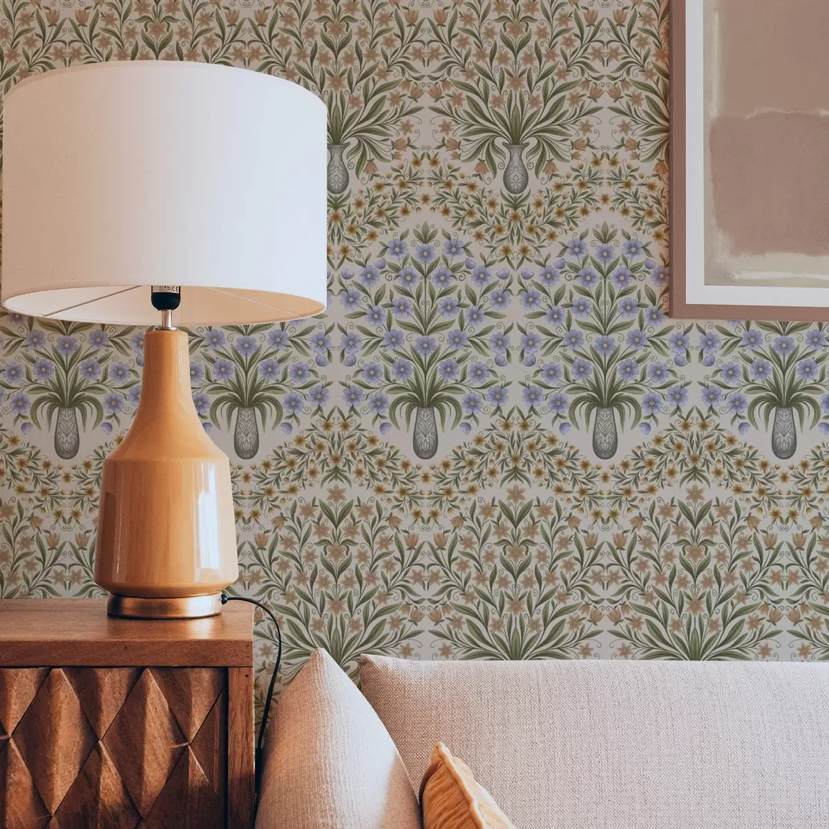 Bakgrund Folkvaser med blå blommor och olivblad på rosa bakgrund a00900