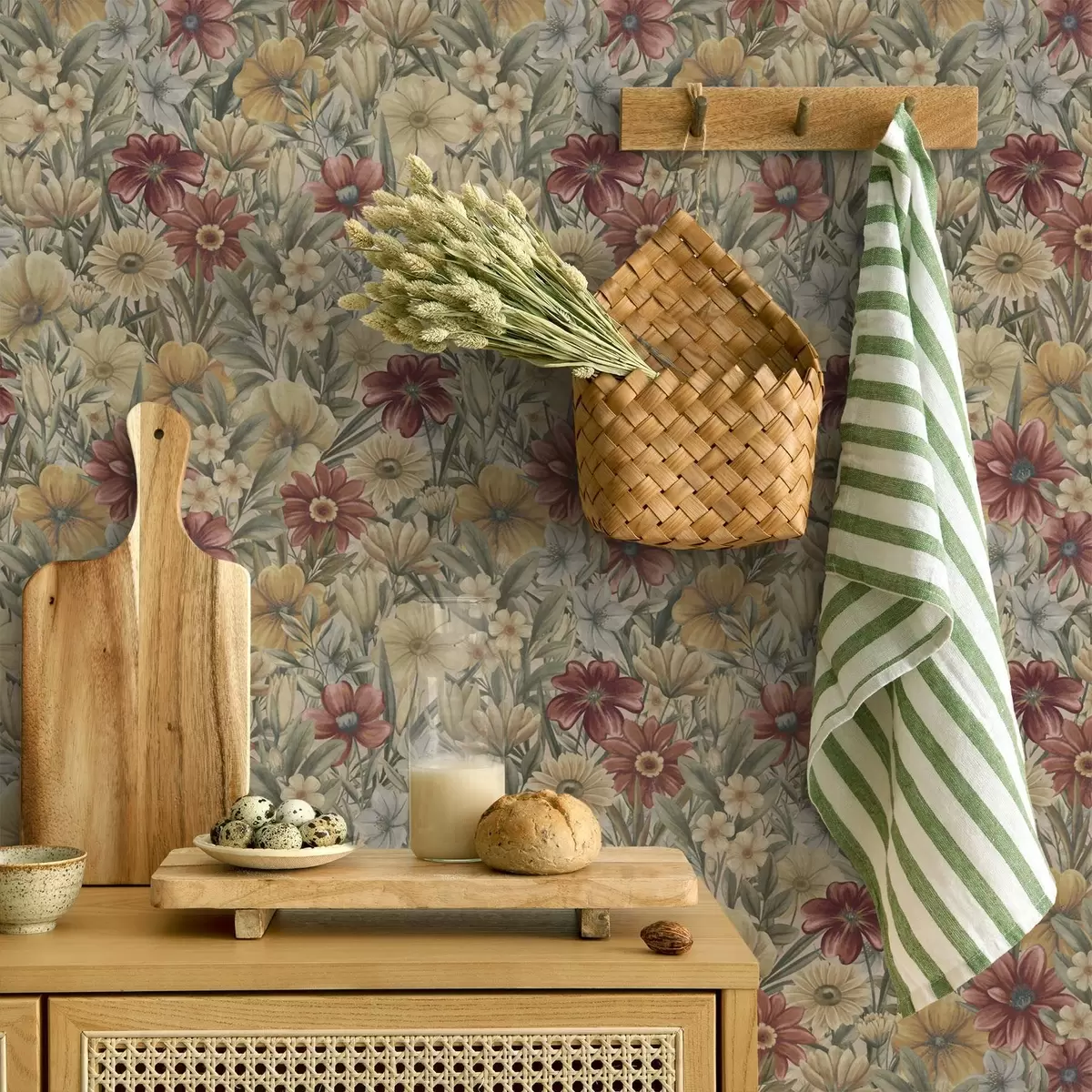 Bakgrund Vintage ängsblommor i varma gula, röda och salviagröna nyanser a00906