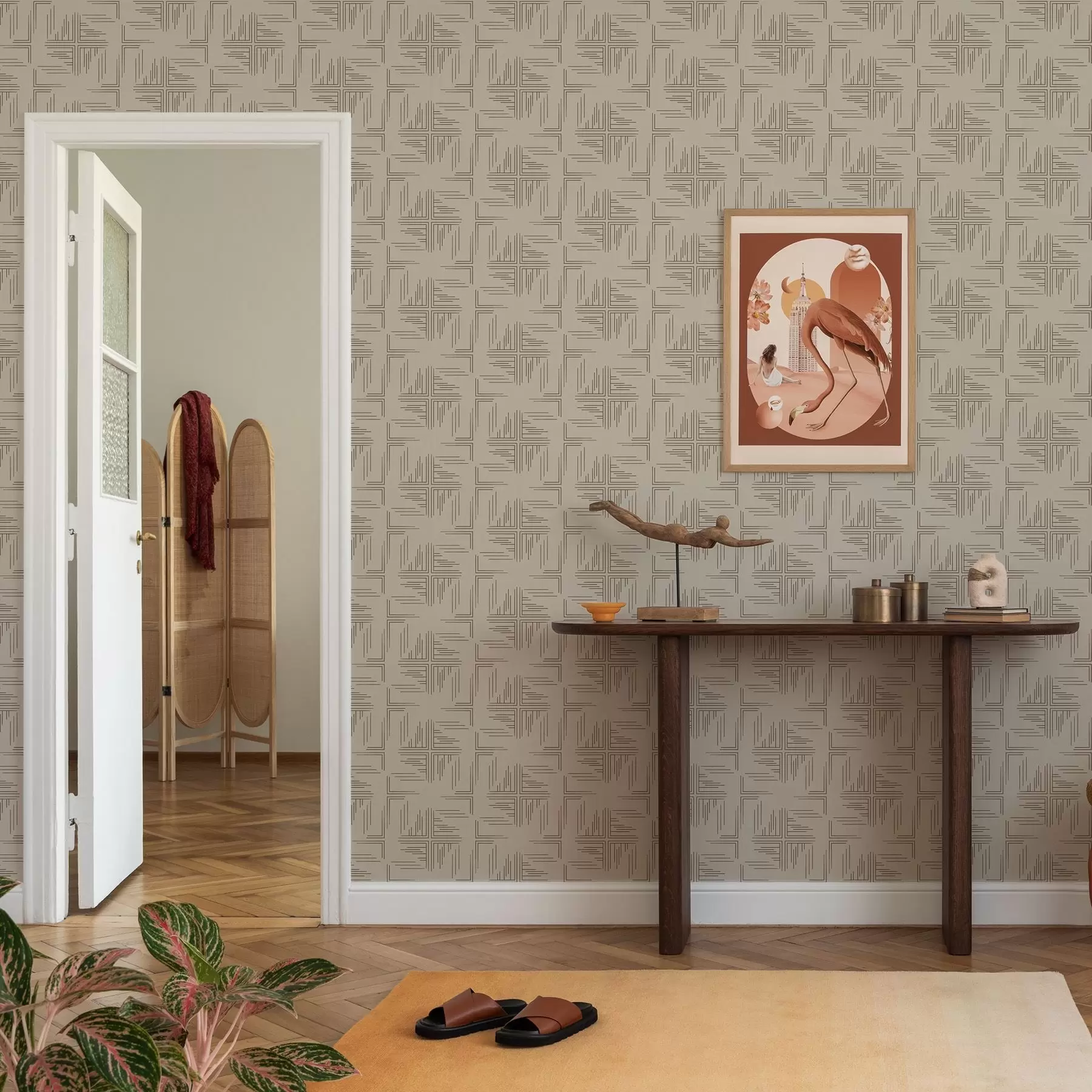 Fototapet Offset kakaohörnblock med spridda linjeaccenter, beige a00912