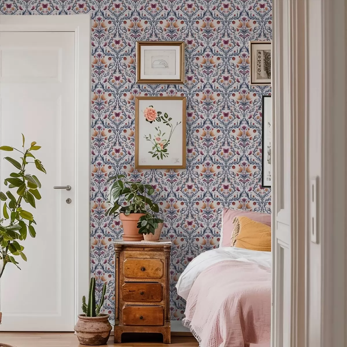 Bakgrund Blommig damast med fjärilar i marinblått och terrakotta på vitt a00926v1