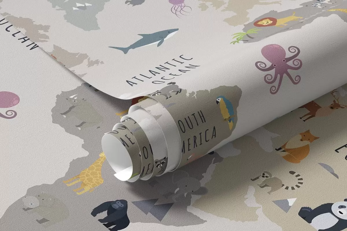 Fototapet Barnens världskarta med djur och varmluftsballonger. Engelska språket c00002en