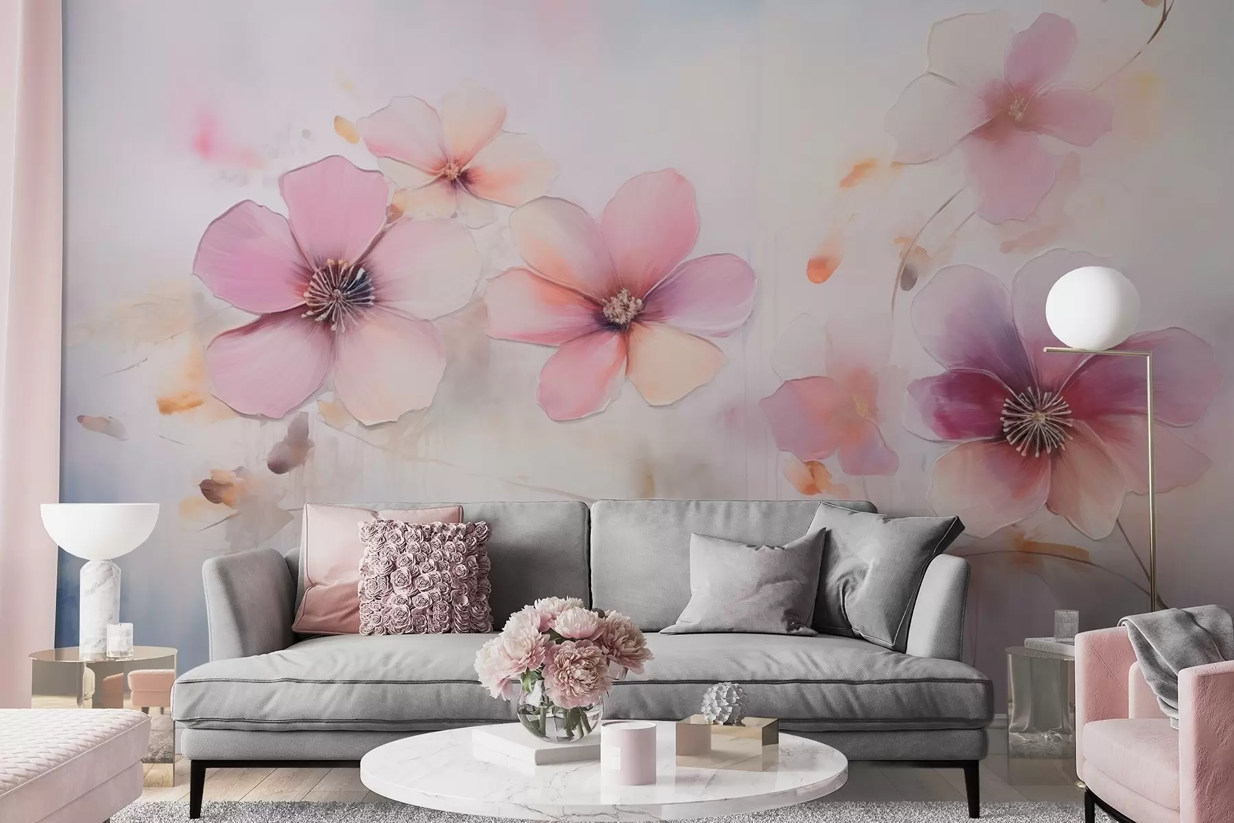 Fototapet Gren med rosa blommor i akvarellstil w09522