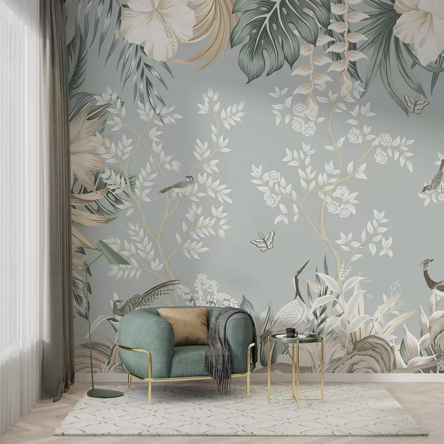 Fototapet Tropisk texturerad pastellkonst med fåglar, fjärilar, hibiskusblommor, palmblad och träd på en ljusblå bakgrund. w09528