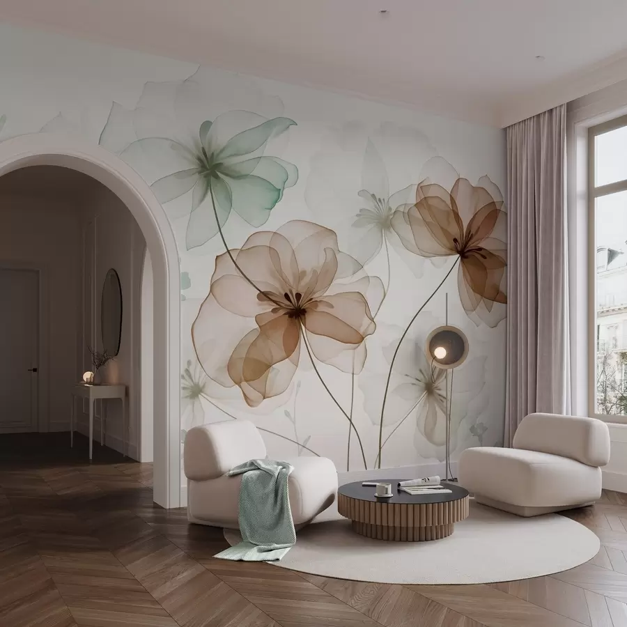 Fototapet Genomskinliga blommor med bruna och gröna kronblad, långa stjälkar, ljus bakgrund, mjuka färger, texturerat blommönster w09529