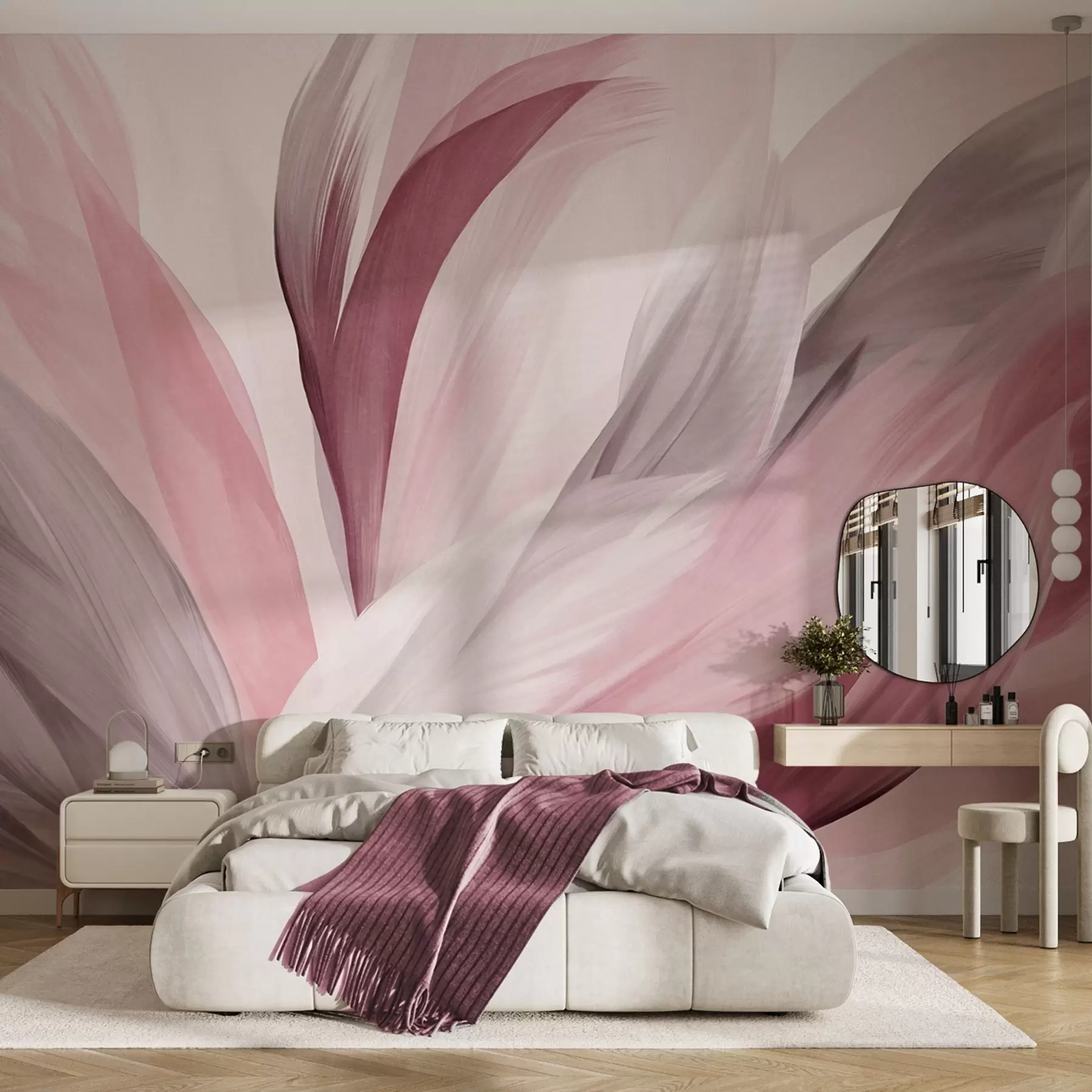 Fototapet Abstrakta texturerade fjädrar i rosa, vitt och grått och olika nyanser, överlappande på en vit bakgrund w09531v2