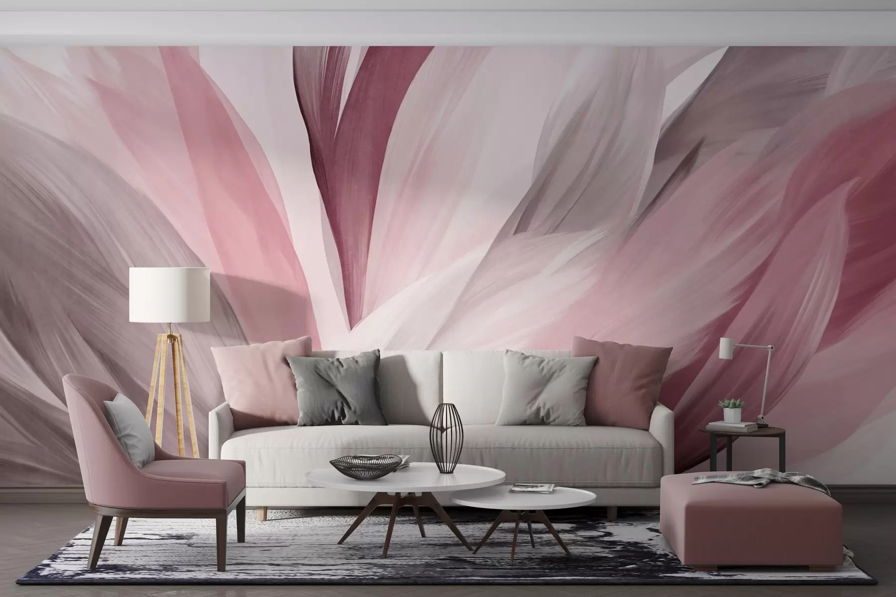 Fototapet Abstrakta texturerade fjädrar i rosa, vitt och grått och olika nyanser, överlappande på en vit bakgrund w09531v2