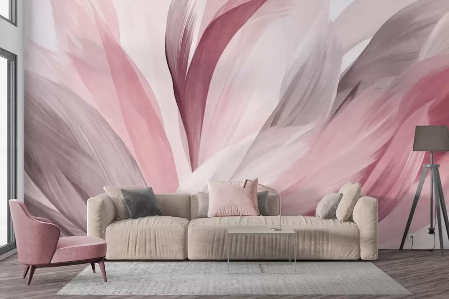 Fototapet Abstrakta texturerade fjädrar i rosa, vitt och grått och olika nyanser, överlappande på en vit bakgrund w09531v2
