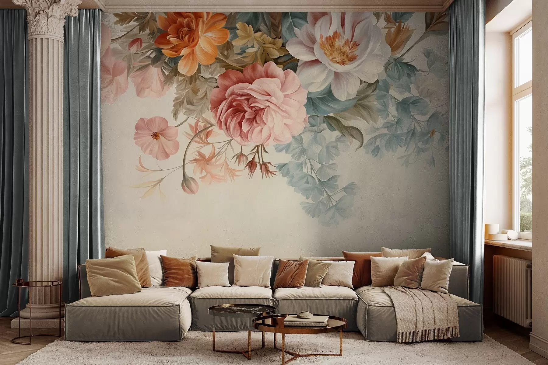 Fototapet Vintage blomsterarrangemang med rosor, pioner och andra texturerade blommor med bladverk, på en ljus bakgrund w09532