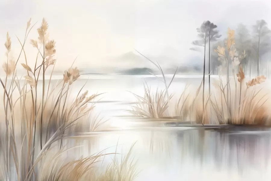 Fototapet Landskap med en sjö och högt gräs i förgrunden, berg i bakgrunden, mjuka färger, texturerat w09534