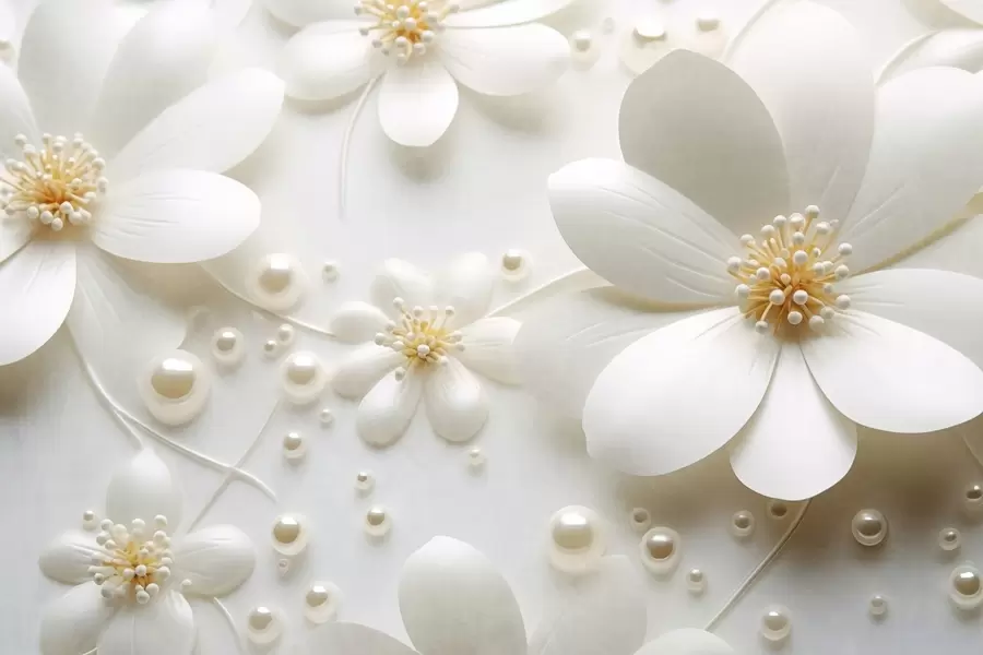 Fototapet Vita blommor med pärlor utspridda på vit bakgrund, elegant och minimalistisk design, strukturerad w09535