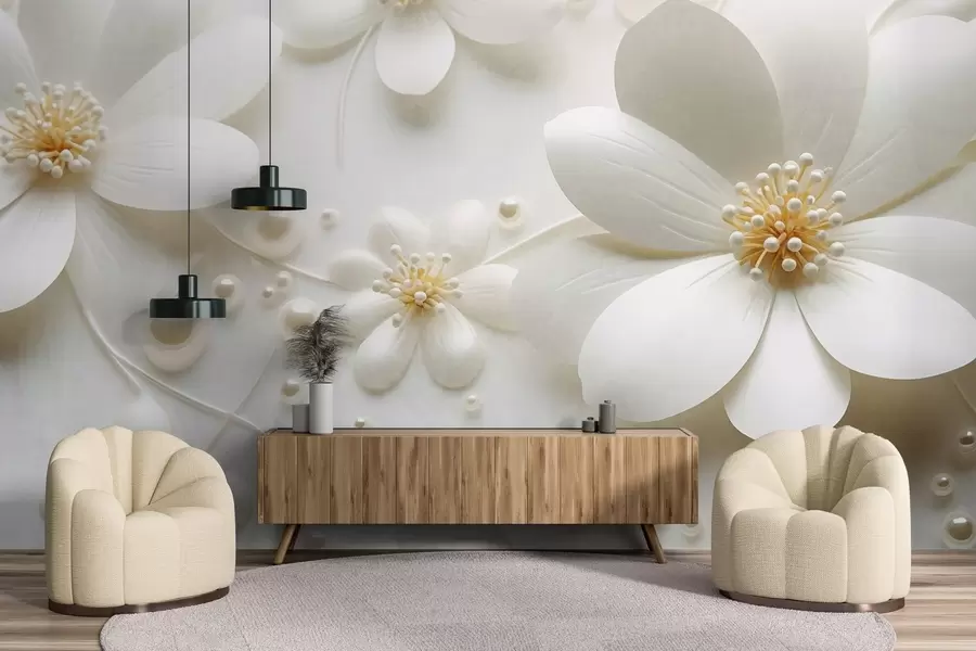 Fototapet Vita blommor med pärlor utspridda på vit bakgrund, elegant och minimalistisk design, strukturerad w09535