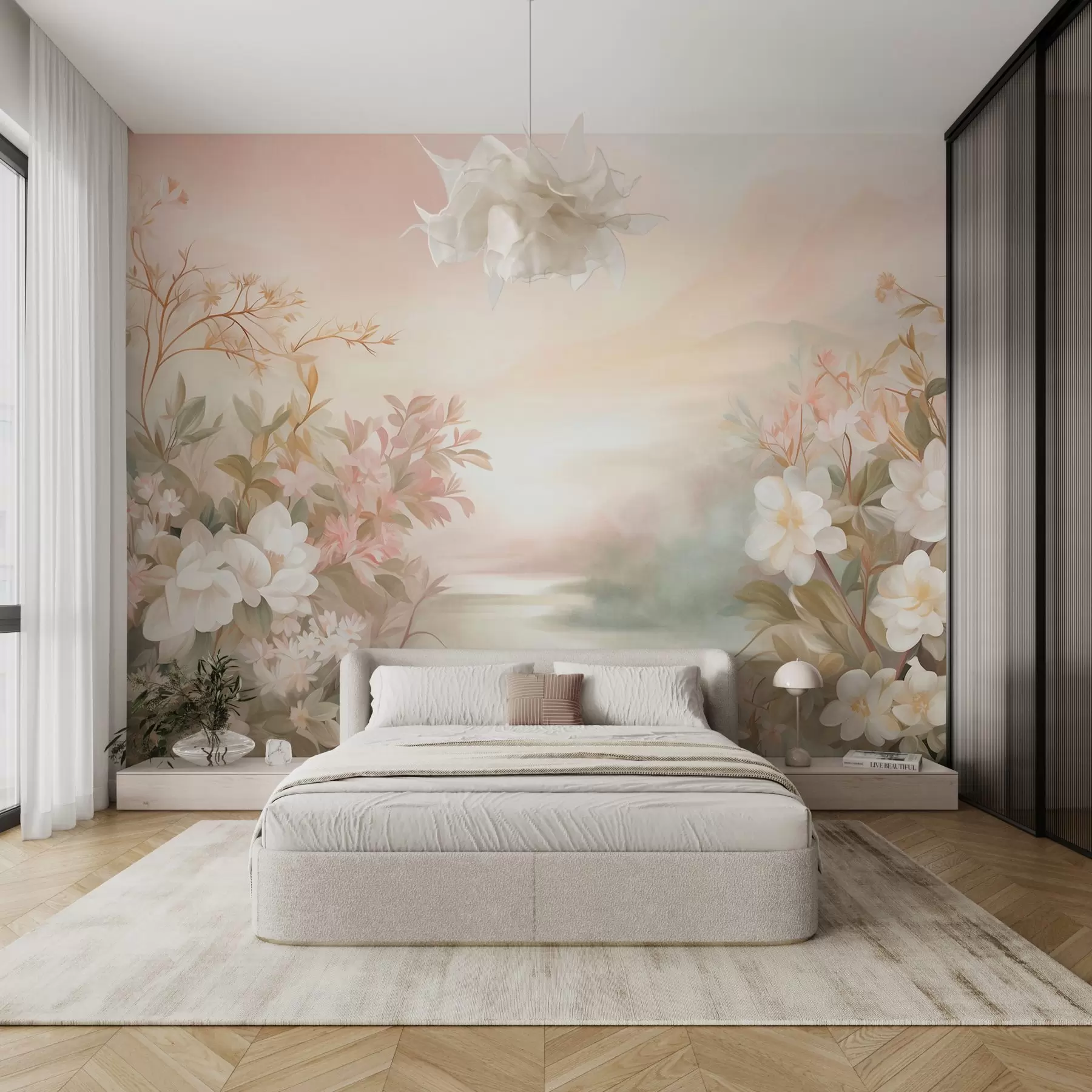 Fototapet Ett landskap med en flod omgiven av blommor och växter, mjuka färger, rosa himmel, akvarelltextur w09537