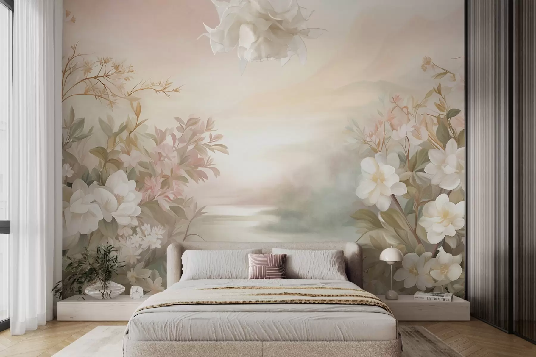 Fototapet Ett landskap med en flod omgiven av blommor och växter, mjuka färger, rosa himmel, akvarelltextur w09537