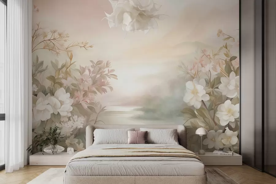 Fototapet Ett landskap med en flod omgiven av blommor och växter, mjuka färger, rosa himmel, akvarelltextur w09537