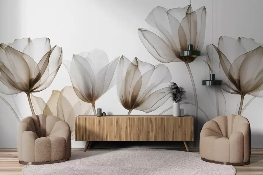 Fototapet Genomskinliga bruna och vita tulpanblommor med långa stjälkar, mot ljus bakgrund, delikat och strukturerad blomsterkonst w09538v1