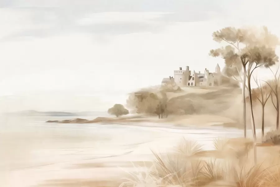 Fototapet Landskap med ett slott på en kulle nära havet, en sandstrand i förgrunden, dämpade färger, texturerad konst w09540