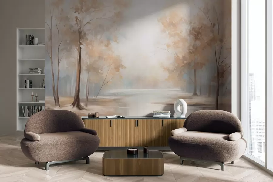 Fototapet Höstlandskap med träd och en flod, mjuka färger, ljus och luftig atmosfär, fridfull och lugn scen w09541