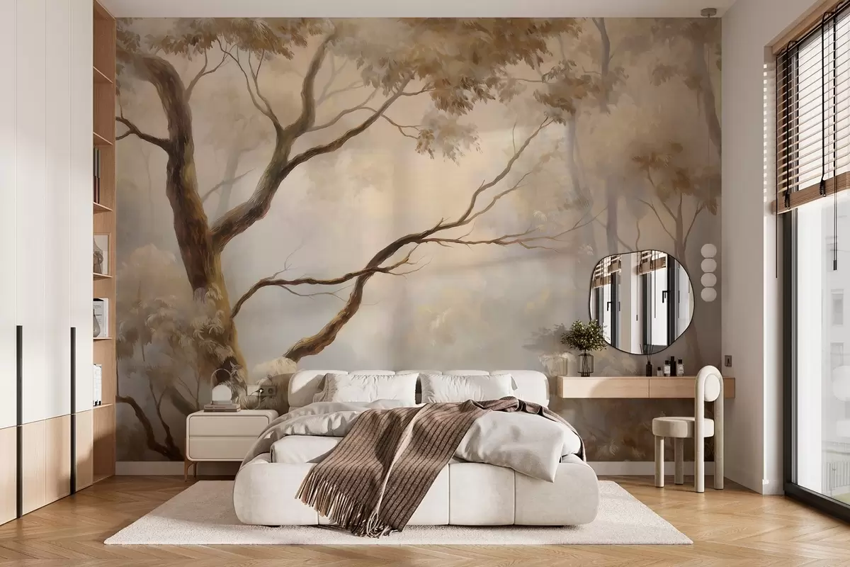 Fototapet Skogen i den lätta morgondimman. En delikat stämningsfull målning i stil med ett konstnärligt landskap. w04817