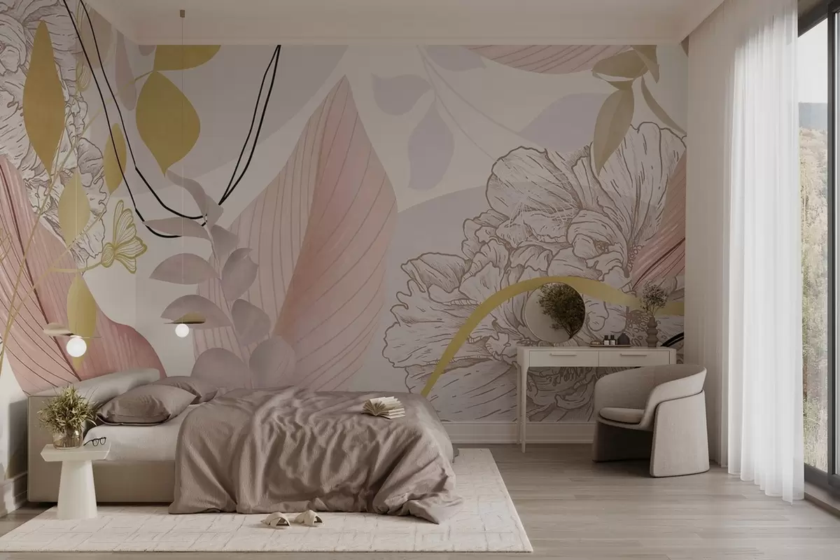 Fototapet Abstrakt blommönster med stora blad i dämpade rosa och gula nyanser med tunna svarta linjer och vita blommiga konturer. w09544v1